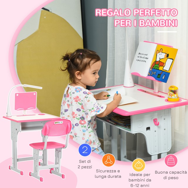 HOMCOM Σχολικό Γραφείο με Καρέκλα για Παιδιά 6-12 ετών Ρυθμιζόμενο ύψος Αναλόγιο και Στυλόθήκη - Ροζ 312-061PK