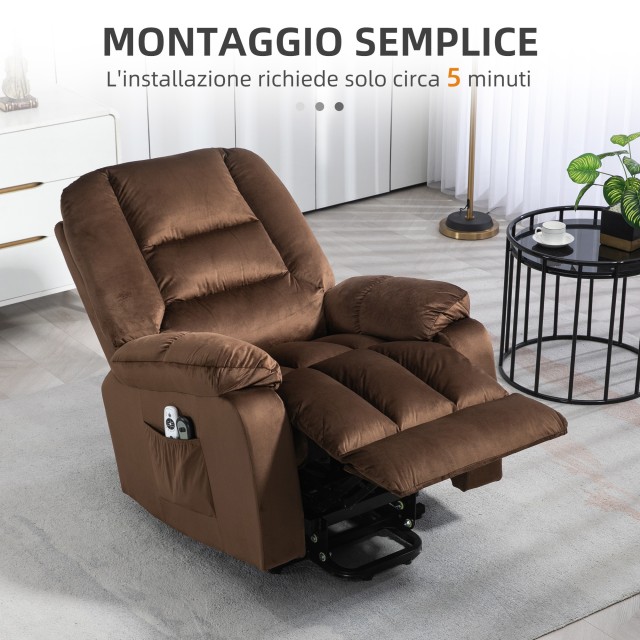 HOMCOM Relaxing Lift Chair, Ανακλινόμενη, Μασάζ και Θερμαινόμενη σε Βελούδινο, Καφέ 713-160V90DR