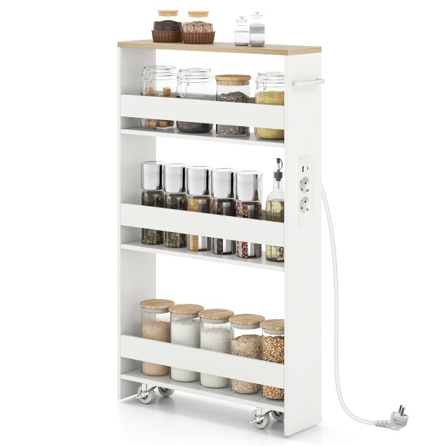 Costway Τροχήλατο Καρότσι Κουζίνας 4 Επιπέδων με Λαβή, 13 εκ. Λεπτό, με Σταθμό Φόρτισης, σε Φυσικό + Λευκό 80,5 x 13 x 47,5 cm JV11161DE-WH