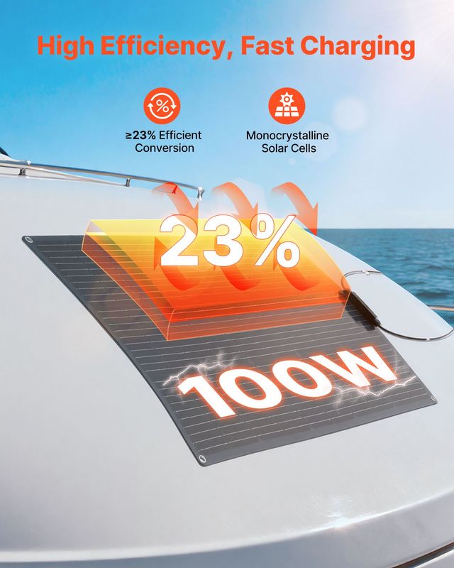 VEVOR Εύκαμπτο Ηλιακό Πάνελ 100W Monocrystalline με Απόδοση 23% IP67 για Σκάφη, RV, Αυτοκίνητα BRXTYNB1100W7HN93001Y3