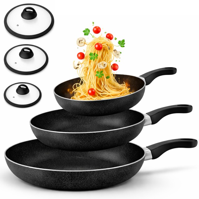 BAKAJI Σετ 6 Τεμαχίων Τηγάνια Αλουμινίου Μαύρα με Καπάκι για Όλες τις Εστίες 02002012