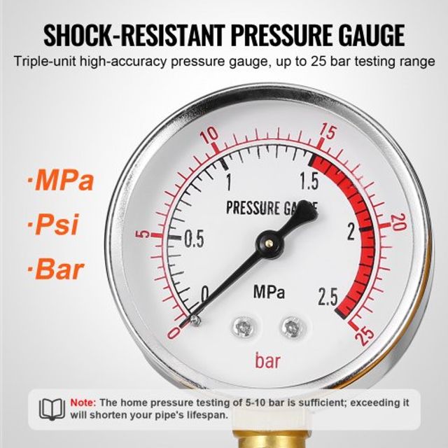 VEVOR Αντλία Υδροστατικής Δοκιμής, Μέγ. 25 bar/362 PSI, Χειροκίνητο Υδραυλικό Κιτ Δοκιμής Πίεσης Νερού με Βαλβίδα και Δείκτη, Δοχείο 1.4 Γαλ, Σωλήνας 3 ft με Σύνδεσμο 1/2 για Αγωγούς SYCSBDF14JL07JBUIV0