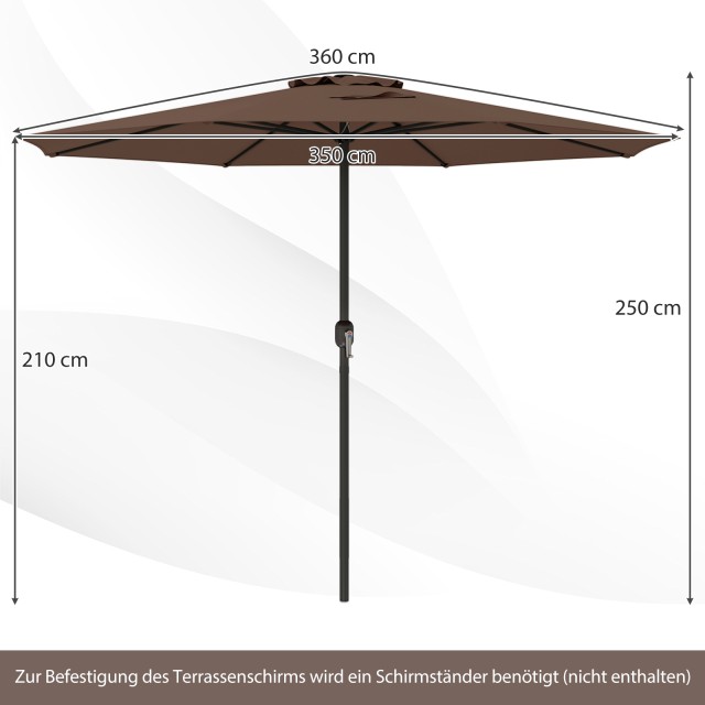 Costway Ομπρέλα Κήπου 350 cm με Μανιβέλα, 8 Ακτίνες, Καφέ, 250 x 360 x 360 cm NP12131CF