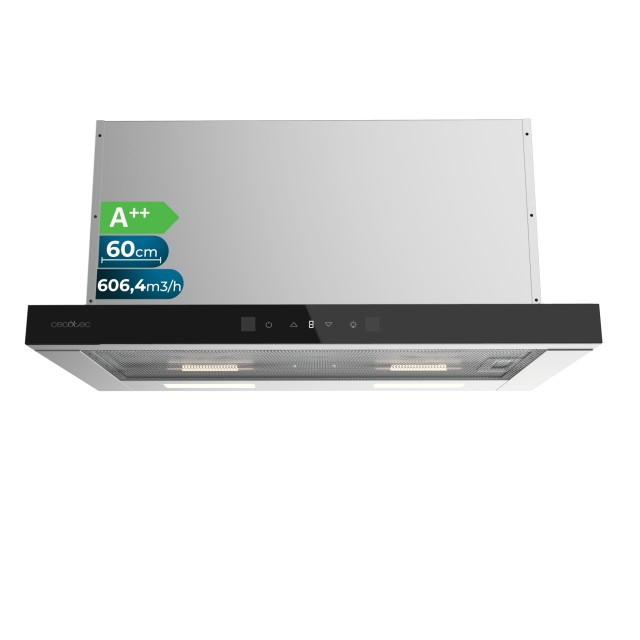 CECOTEC Τηλεσκοπικός Απορροφητήρας 60 cm, Bolero Flux TLT 605501 Μαύρο Γυαλί, A++, 606,4 m³/h, Ανοξείδωτο Ατσάλι, DC Motor, Αόρατος Αισθητήρας Αφής, Χειρονομιακός Έλεγχος, Booster, Πλενόμενα Φίλτρα, Φίλτρα Άνθρακα για Ανακύκλωση CEC-110284
