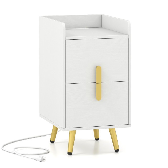 Costway Λεπτό Κομοδίνο με Σταθμό Φόρτισης και 2 Συρτάρια, Βοηθητικό Τραπέζι με Μεταλλικά Πόδια, Λευκό 60 x 40 x 32 εκ HU11181DE-WH