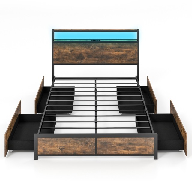 Costway Διπλό Κρεβάτι με LED και Συρτάρια  216 x 144 x 102 εκ σε Ρουστίκ Καφέ HU10681DE-D+