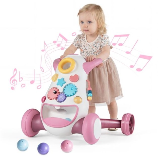 Costway Μουσική και Φωτεινή Περπατούρα Μωρού, Βοήθημα Περπατήματος με Σχήματα Ταξινόμησης & Περιστρεφόμενα Γρανάζια - Ροζ 44 x 46 x 56,5 cm BC10312PI