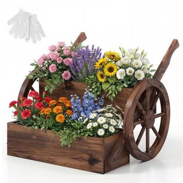 Costway Δύο Επιπέδων Πολυλειτουργική Ξύλινη Γλάστρα με Ρόδες και Λαβές σε Καφέ Χρώμα με Τρύπες Αποστράγγισης HZ10399CF