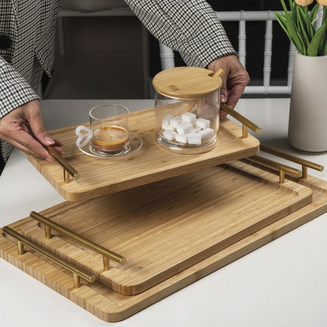 Villa DEste  Ορθογώνιος δίσκος 33x20 cm σε μπαμπού με χρυσές λαβές Natural 2188468