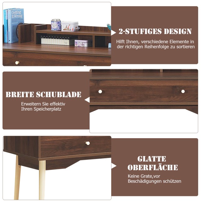 Costway Πολυλειτουργικό Γραφείο Υπολογιστή με Ράφια και Συρτάρι από Καουτσούκ Ξύλο HW63447CF