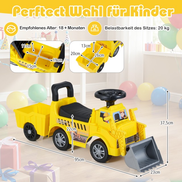 Costway Κίτρινος Παιδικός Εκσκαφέας με Κάθισμα, Αποσπώμενο Ρυμουλκούμενο και Κουτάλα 37,5 x 23 x 95 cm TS10339