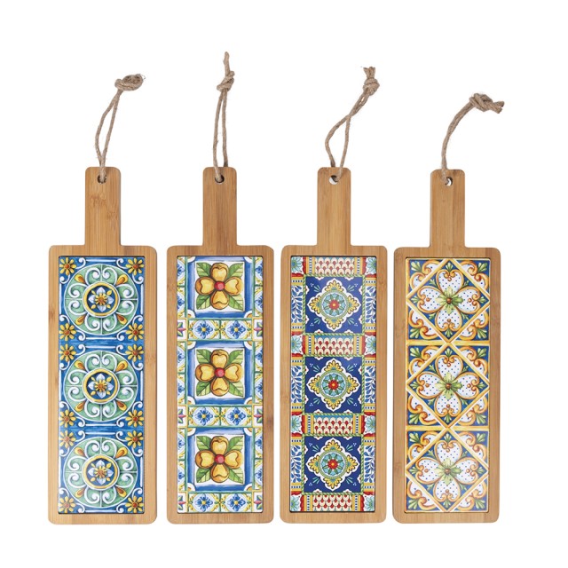 Galileo Ξύλινη επιφάνεια κοπής από μπαμπού με κεραμικό διάκοσμο Μεσογείου 125x40cm Sibilla 5919440