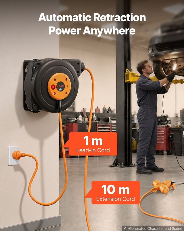 VEVOR Μηχανισμός καλωδίου προέκτασης 10 m 16AWG/3C πορτοκαλί, επιτοίχια/οροφής, με προστασία υπερθέρμανσης, αυτόματη επανατύλιξη, τριπλή πρίζα και βάση 180° KSSSJXQCS10MBDIWS001V2