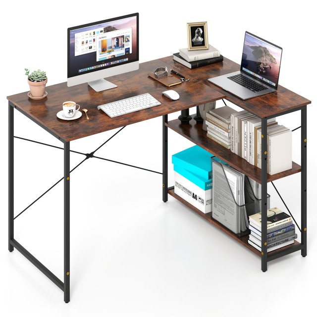 Costway Γραφείο Υπολογιστή σε Σχήμα L με Ρυθμιζόμενο Ράφι Ρουστίκ Καφέ CB10989CF