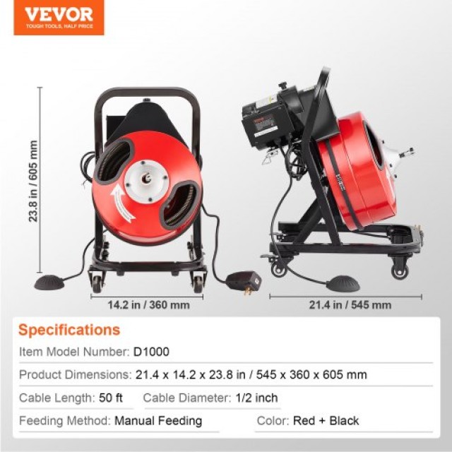VEVOR Μηχάνημα Καθαρισμού Αποχέτευσης 50FT x 1/2 Χειροκίνητο Φίδι με Ρόδες SDJJKLSGDSTJWGUIYV2