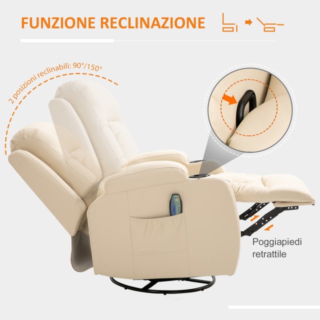 Ανακλινόμενη καρέκλα μασάζ HOMCOM 8 σημείων με ποτηροθήκη και τηλεχειριστήριο, 85x94x104 cm, Μπεζ 700-050V92CW