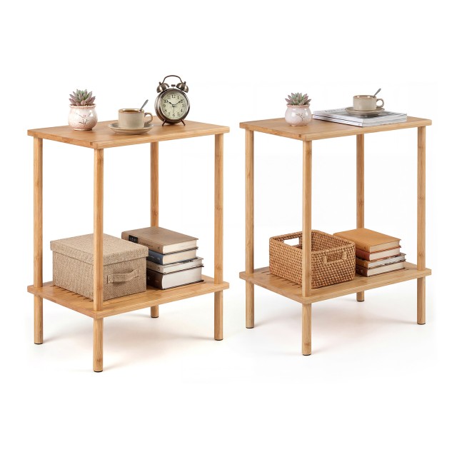 Costway Σετ 2 Ορθογώνια Βοηθητικά Τραπεζάκια 2 Επιπέδων από Μπαμπού, Φυσικό, 55 x 30 x 40 cm JV13707NA-2