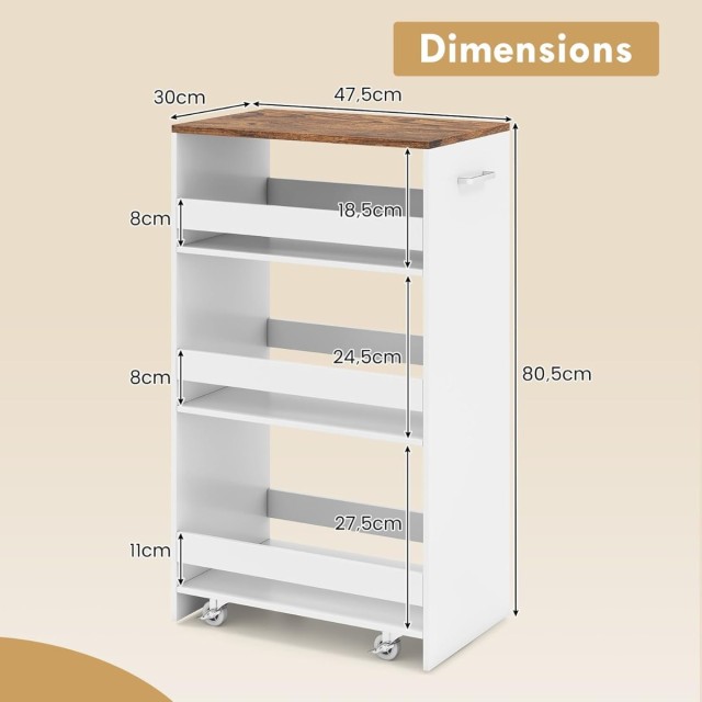 Costway 30cm Πλάτος Τρόλεϊ με Λαβή & Κάγκελα 4 Επιπέδων Λευκό Ράφι Κουζίνας, 80,5cm x 47,5cm x 30cm JV13257CF