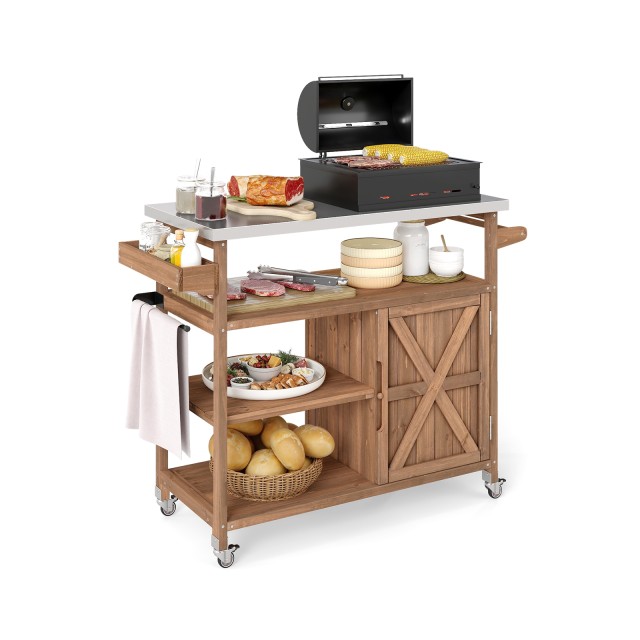 Costway Ξύλινο Καρότσι Ψησταριάς με Χώρο Αποθήκευσης και Ατσάλινη Εργονομική Επιφάνεια για Εξωτερικές Κουζίνες, 3 Ανοιχτά Ράφια, Φυσικό Χρώμα 92 x 118 x 47 εκ. GT4504CF