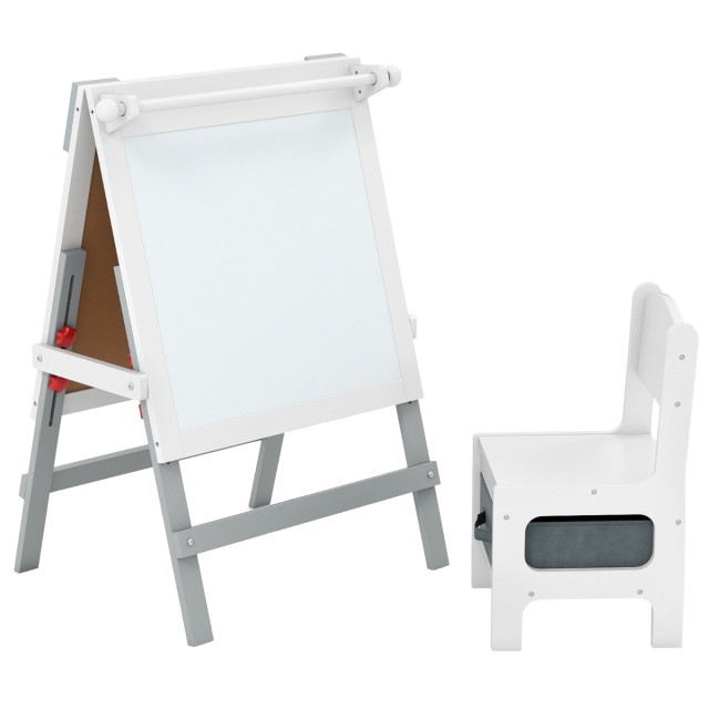 Costway Παιδική Ρυθμιζόμενη Καβαλέτο με Καρέκλα και Διπλής Όψης Πίνακα (Μαυροπίνακα & Λευκοπίνακα) σε Γκρι χρώμα TP10417GR