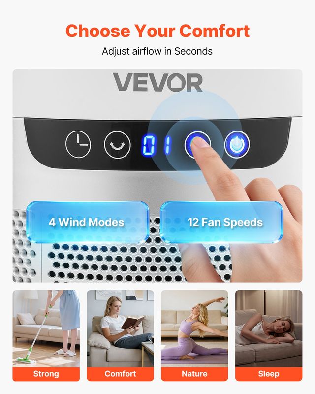 VEVOR Ανεμιστήρας Πύργου χωρίς Φτερά, Περιστροφή 65°, 12 Ταχύτητες, 4 Λειτουργίες, Χρονοδιακόπτης 8 ωρών, Λευκός WYTSDLCF40IN8S84H001V2