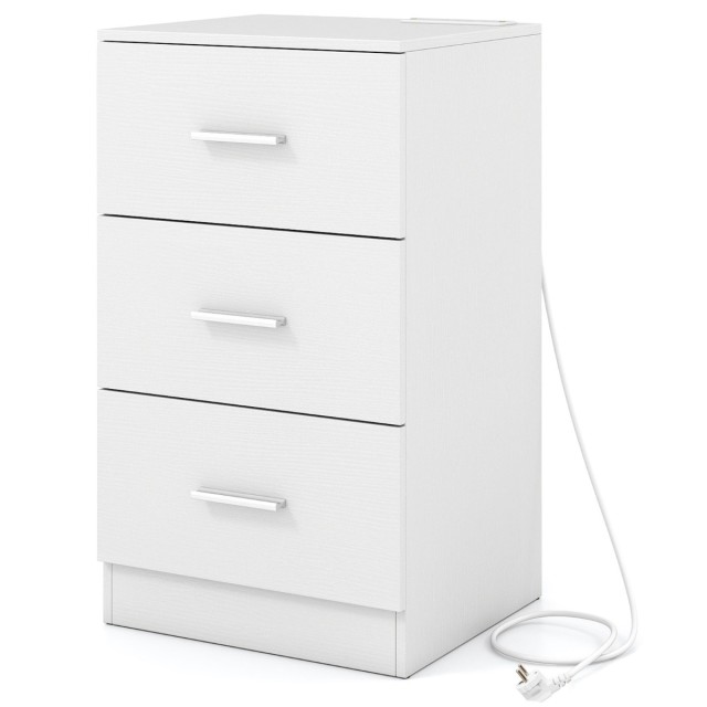 Costway Κομοδίνο με Σταθμό Φόρτισης, Μοντέρνο Κομοδίνο με 3 Συρτάρια Αποθήκευσης, 38 x 35 x 66 εκ., Λευκό JV13152DE-WH