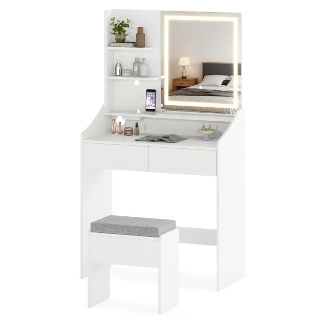 Costway Σετ Τουαλέτας Μακιγιάζ με Καθρέφτη & Φωτισμό LED & Σκαμπό Αποθήκευσης Λευκό HU11179DE-WH