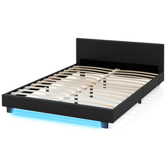 Costway Κρεβάτι 140 x 200 cm με LED Φωτισμό, Επενδυμένο Κρεβάτι με Σομιέ, Μαύρο Πλαίσιο HU10796DE-DK+