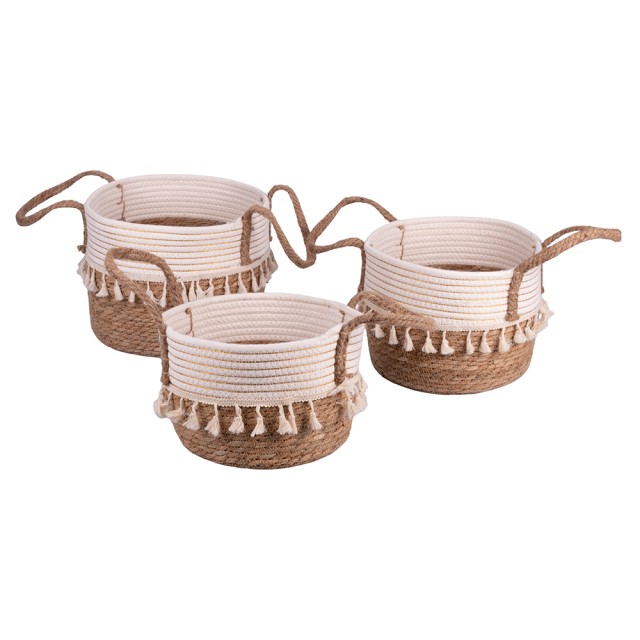 Villa DEste  Σετ 3 φυσικά καλάθια από ίνες με κορδόνι και φούντες με λαβές Natural 5921843