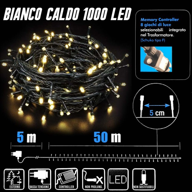 BAKAJI Αλυσίδα Φωτισμού 1000 LED Λαμπάκια Ζεστό Λευκό Με Χειριστήριο 8 Λειτουργιών Εξωτερικού Χώρου 02825875