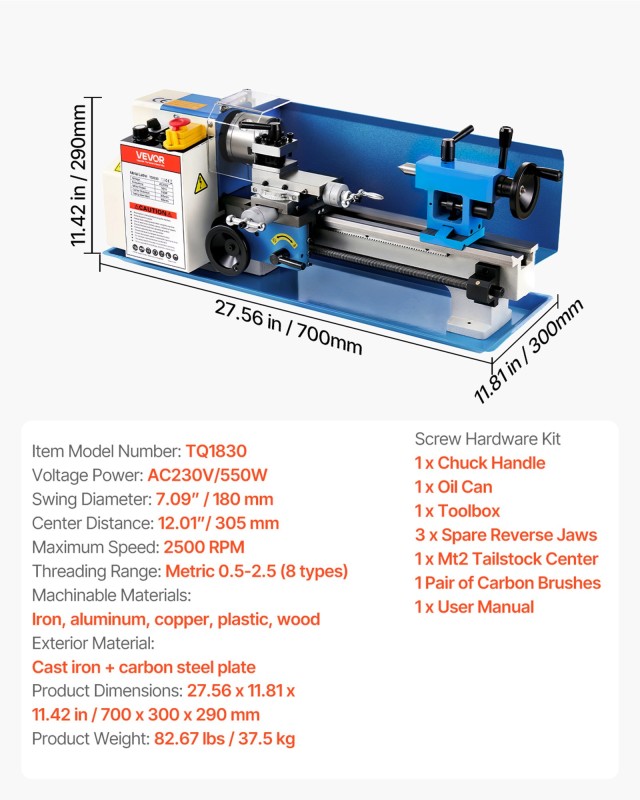 VEVOR Μεταλλικός Τόρνος Πάγκου 180 x 305 mm, 550W, 2500rpm TMSJSCC712INRBB4L001V2