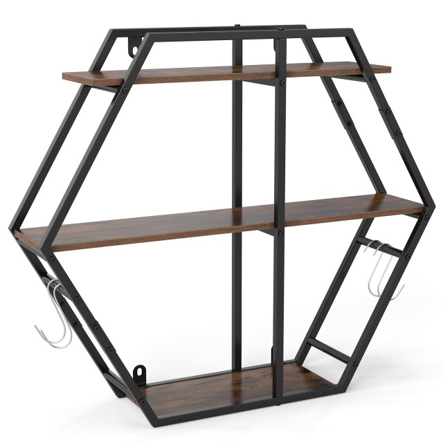 Costway Βιομηχανικό Εξάγωνο Τοιχοραφιέρα 3 Επιπέδων με Διακοσμητικά Κρεμαστά Άγκιστρα σε Ρουστίκ Στυλ JV13941CF