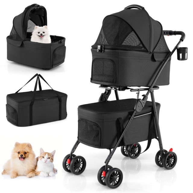 Costway Διπλό πτυσσόμενο καρότσι κατοικιδίων 3 σε 1 με 2 αποσπώμενους μεταφορείς, μαύρο, 115 x 46 x 83 cm PW10139DK