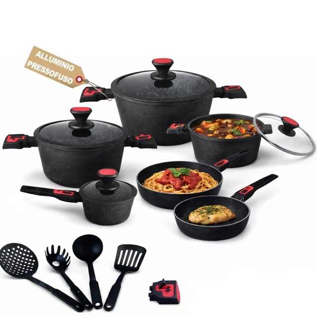 BAKAJI Σετ Κατσαρολών Rubino Suprem 24 τεμ. Χυτό Αλουμίνιο Μαύρο με Αποσπώμενες Λαβές 02002002