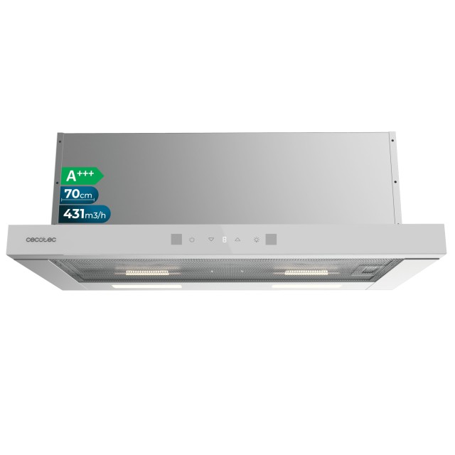 CECOTEC Τηλεσκοπικός Απορροφητήρας 70 εκ., Bolero Flux TLT 704400 Glass White A+++ 431,2 m³/h, Λευκός Γυάλινος, Inox, DC Motor, Touch Control, Booster, με Φίλτρα Άνθρακα για Ανακυκλοφορία CEC-110287