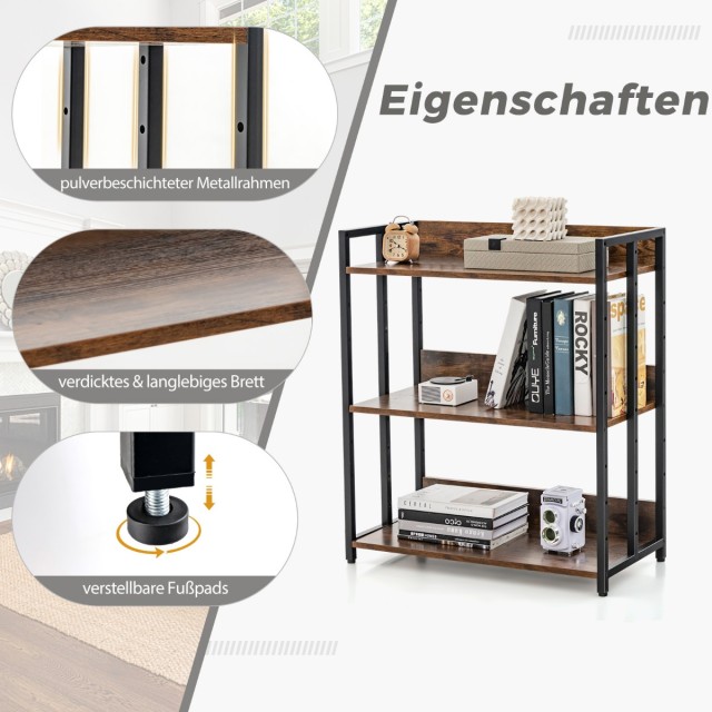 Costway Ράφι βιβλιοθήκης με 3 επίπεδα και ρυθμιζόμενα ράφια, μεταλλικός σκελετός, 70 x 35 x 81 εκ. JV11266CF