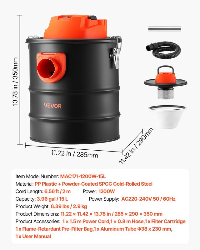 VEVOR Ηλεκτρική Σκούπα Στάχτης 15L για Τζάκια 1200W CHGJ15L800W0MPGUX001V2