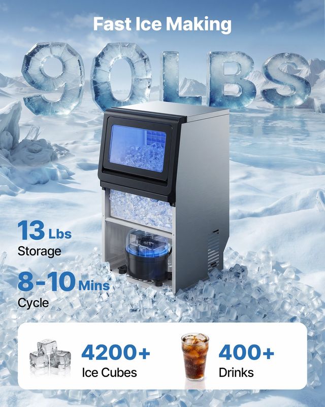 VEVOR Επαγγελματική Μηχανή Παγοκύβων 41 kg/24h, Χωρητικότητα 6 kg, Ανοξείδωτη, Πάγκου/Ελεύθερης Τοποθέτησης/Κάτω από Πάγκο, με LED Οθόνη και Αυτόματο Καθαρισμό YTSZBJPZGSHS4S2GZ001V2