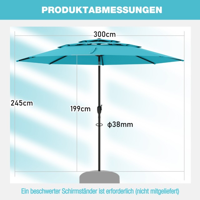 Costway Ισχυρή και Σταθερή Ομπρέλα Κήπου 300 cm με Μανιβέλα και Κλίση 30° Διπλής Κατεύθυνσης - Τυρκουάζ NP12191TU