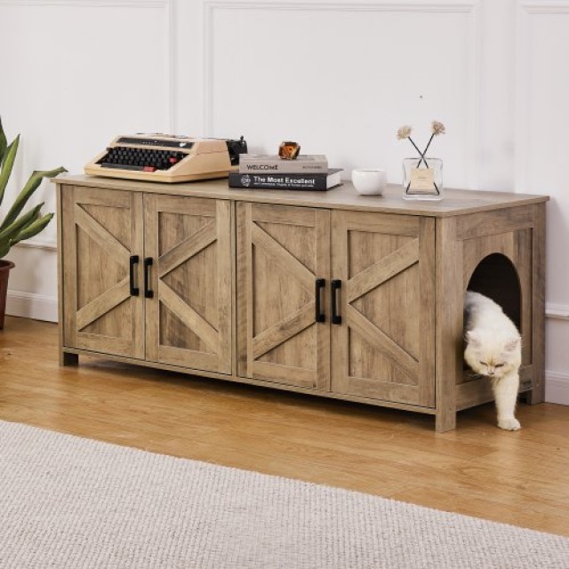 Κρυφή Ξύλινη Λεκάνη Γάτας VEVOR με 2 Χώρους σε Γκριζοκαφέ  JSDMMSPWQ472MXLF5V0