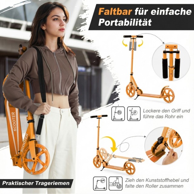 Costway Πτυσσόμενο πατίνι με 2 ρόδες LED, ρυθμιζόμενο ύψος, αντοχή έως 100 kg, πορτοκαλί, 96 x 35 x 88 cm SP38153OR