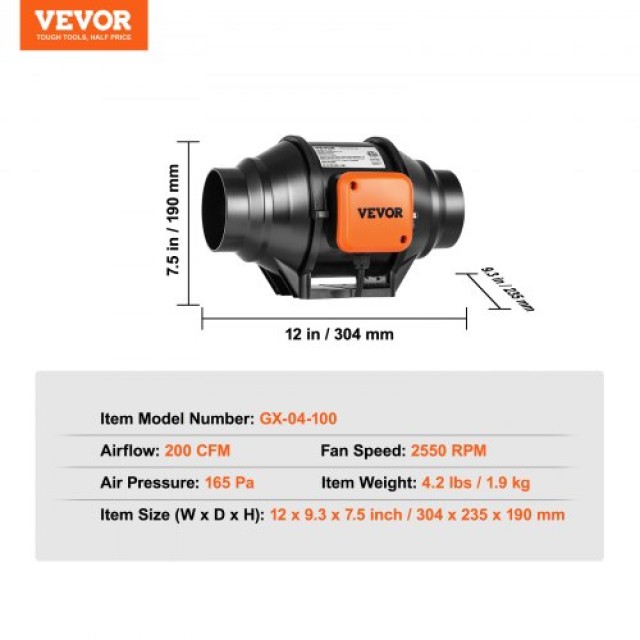 VEVOR 102mm Ενσωματωμένος Ανεμιστήρας Αγωγού με Ρυθμιζόμενη Ταχύτητα  XLGDFJYCHSAC41HSYV2