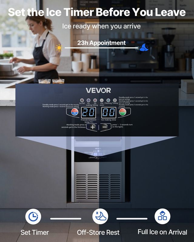 VEVOR Επαγγελματική Παγομηχανή 59kg/24h με Αποθήκευση 14kg Ανοξείδωτη με LED Οθόνη και Αυτόματο Καθαρισμό YTSZBJFB130LLID9H001V2