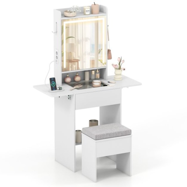 Costway Σετ Τουαλέτας Μακιγιάζ με Καθρέφτη LED σε 3 Χρώματα & Σκαμπώ & Πρίζες - Στενός Καλλυντικός Πάγκος HU11223DE-WH