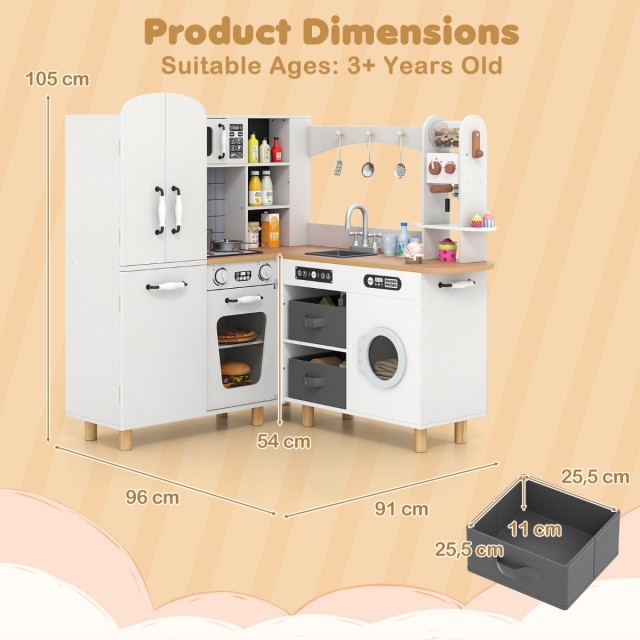 Costway Παιδική Γωνιακή Ξύλινη Κουζίνα 96×91×105 εκ. με Φώτα και Ήχους TP10313HS