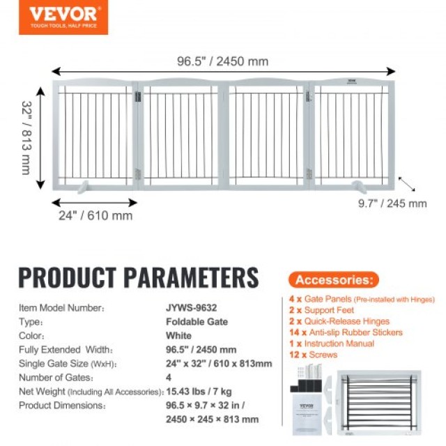 Πτυσσόμενη Λευκή Πύλη Κατοικιδίων VEVOR 32x96.5 εκ. KZDMZCWMBSSMNJA1FV0