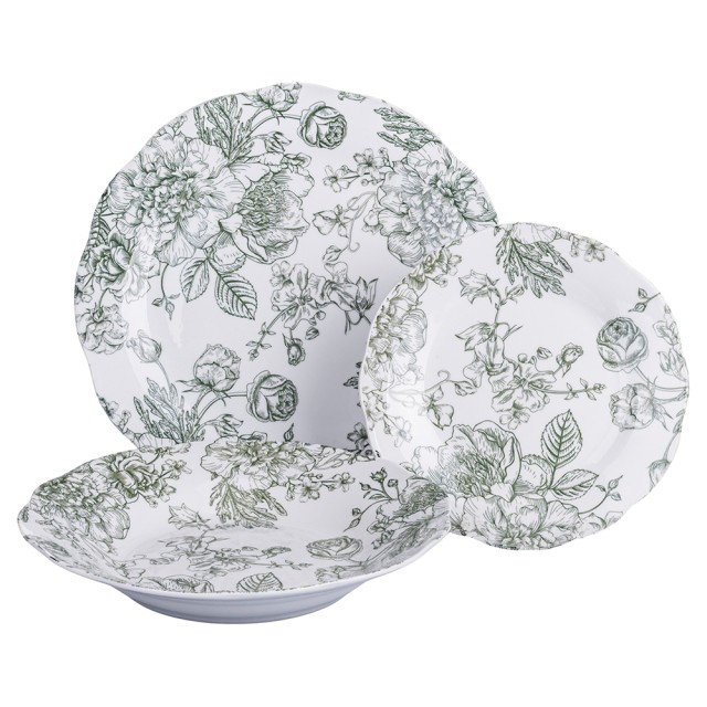 Villa DEste  Σετ πιάτων 18 τεμαχίων από πορσελάνη για 6 άτομα με λουλουδάτο σχέδιο Madame Green 5922471