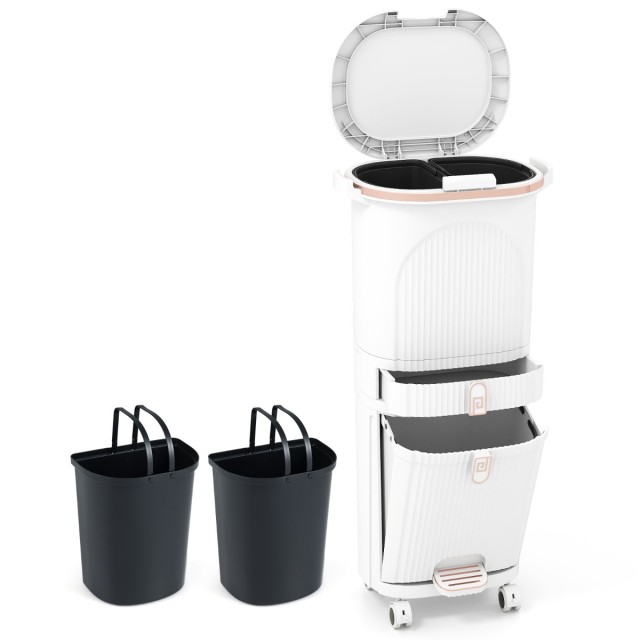 Costway Λευκός Κάδος Κουζίνας 42L με Καπάκι & 3 Χωρίσματα, Πεντάλ & Ρόδες JV13521WH