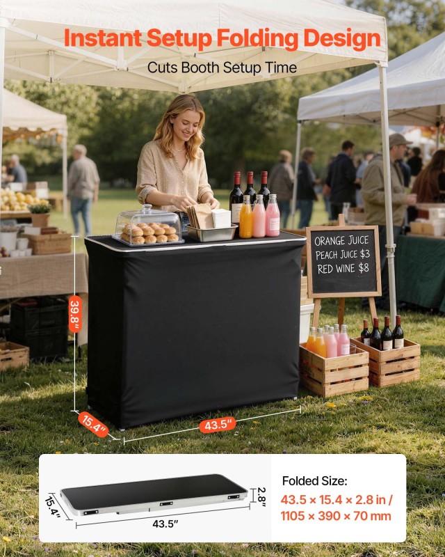 VEVOR Φορητό Πτυσσόμενο Τραπέζι Bar 1105 x 390 x 1010 mm με Τσάντα Μεταφοράς, 2 Ράφια Αποθήκευσης και Αποσπώμενη Φούστα BXSBTZZDZJDCKZ8EP001V0