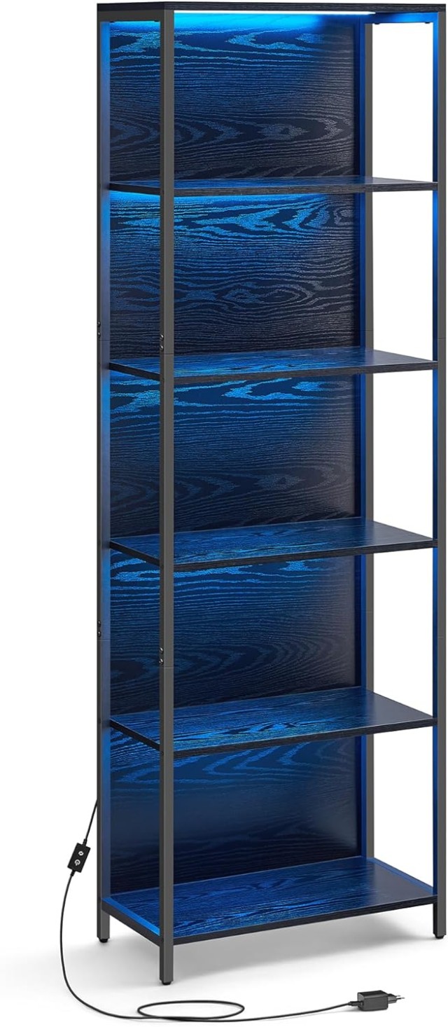 VASAGLE Ρυθμιζόμενη Βιβλιοθήκη LED 178cm με Τηλεχειριστήριο - Ebony Black 60x30.3cm LLS120B57
